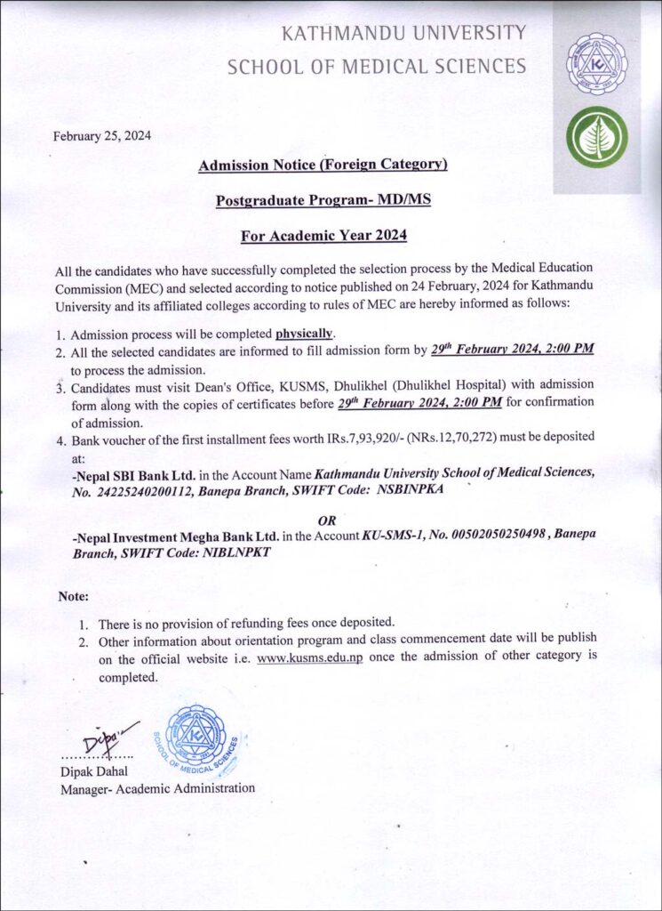 Admission Notice (Foreign Category) Postgraduate Program – MD/MS For ...